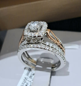 1.00cts | Round Brilliant Cut Diamonds | Halo Design Bridal Twinset | 14kt Rose and White Gold