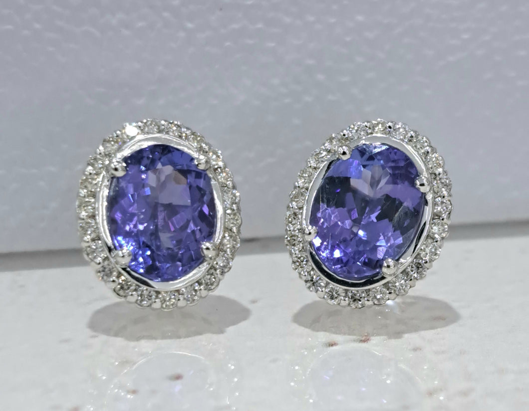 3.70cts [2] Oval Cut Tanzanites | 0.44cts [44] Round Brilliant Cut Diamonds | Halo Earrings | 9kt White Gold