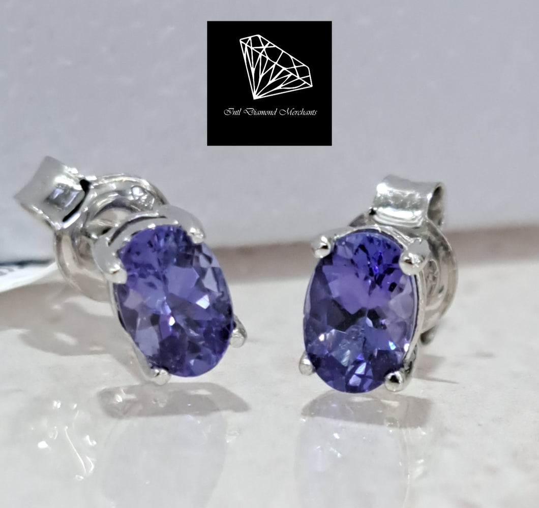 0.90cts [2] Oval Cut Tanzanites | Stud Earrings | 9kt White Gold