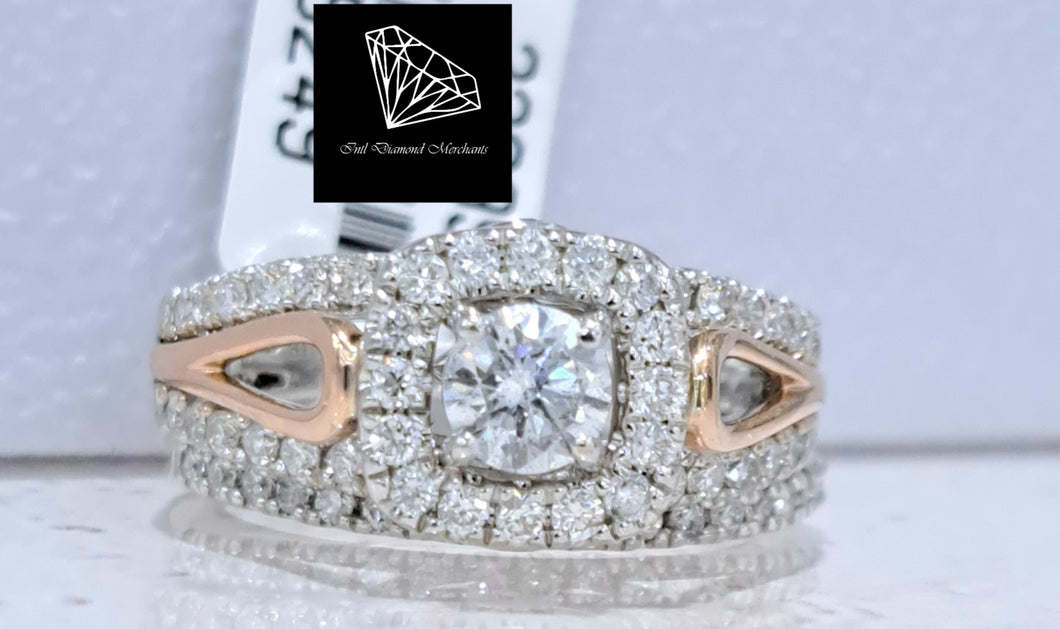 1.00cts | Round Brilliant Cut Diamonds | Halo Design Bridal Twinset | 14kt Rose and White Gold