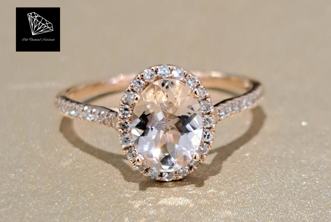 1.00ct Oval Cut Morganite | 0.20cts Round Brilliant Cut Diamonds | Halo Design Ring | 14kt Rose Gold