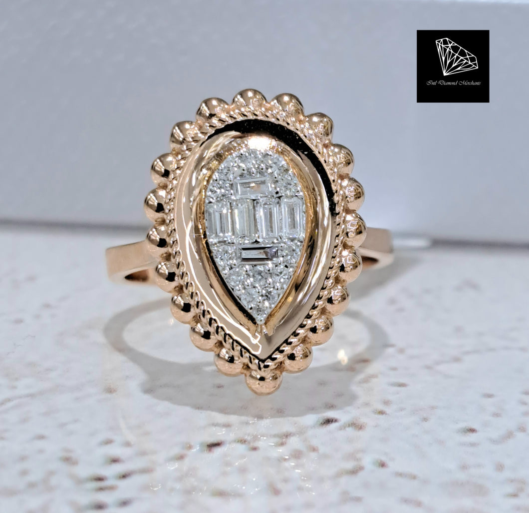 0.240cts [19] Round Brilliant and Baguette Cut Diamonds | Designer Pear Shaped Ring | 18kt Rose Gold