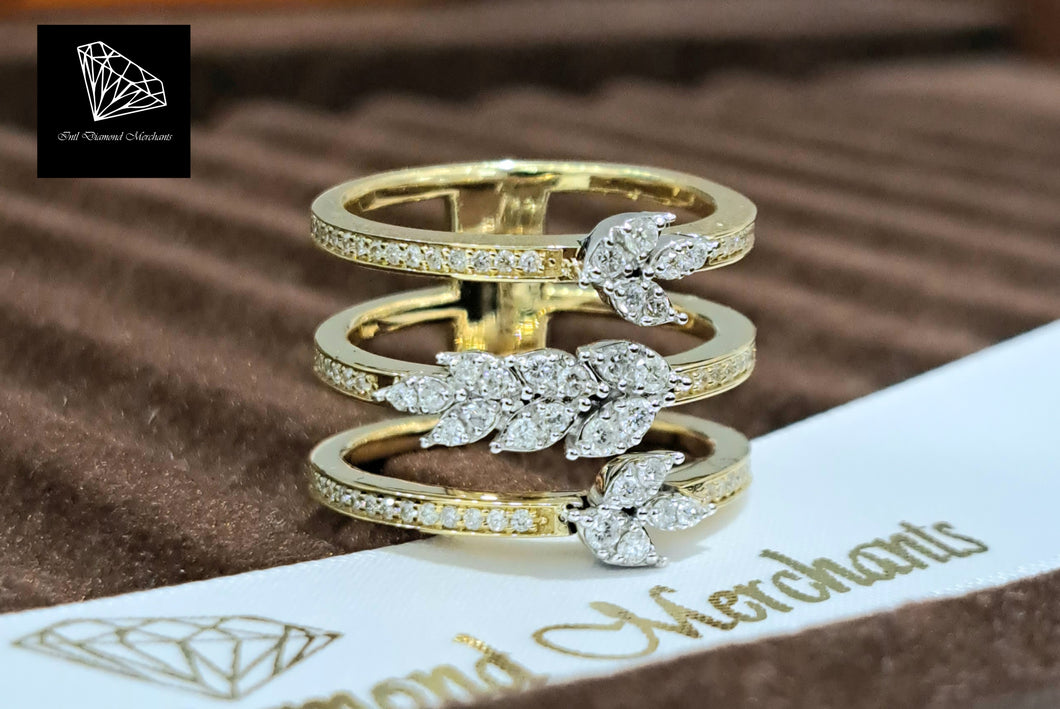 0.650cts [87] Round Brilliant Cut Diamonds | Designer 3 Row Ring | 18kt Yellow and White Gold