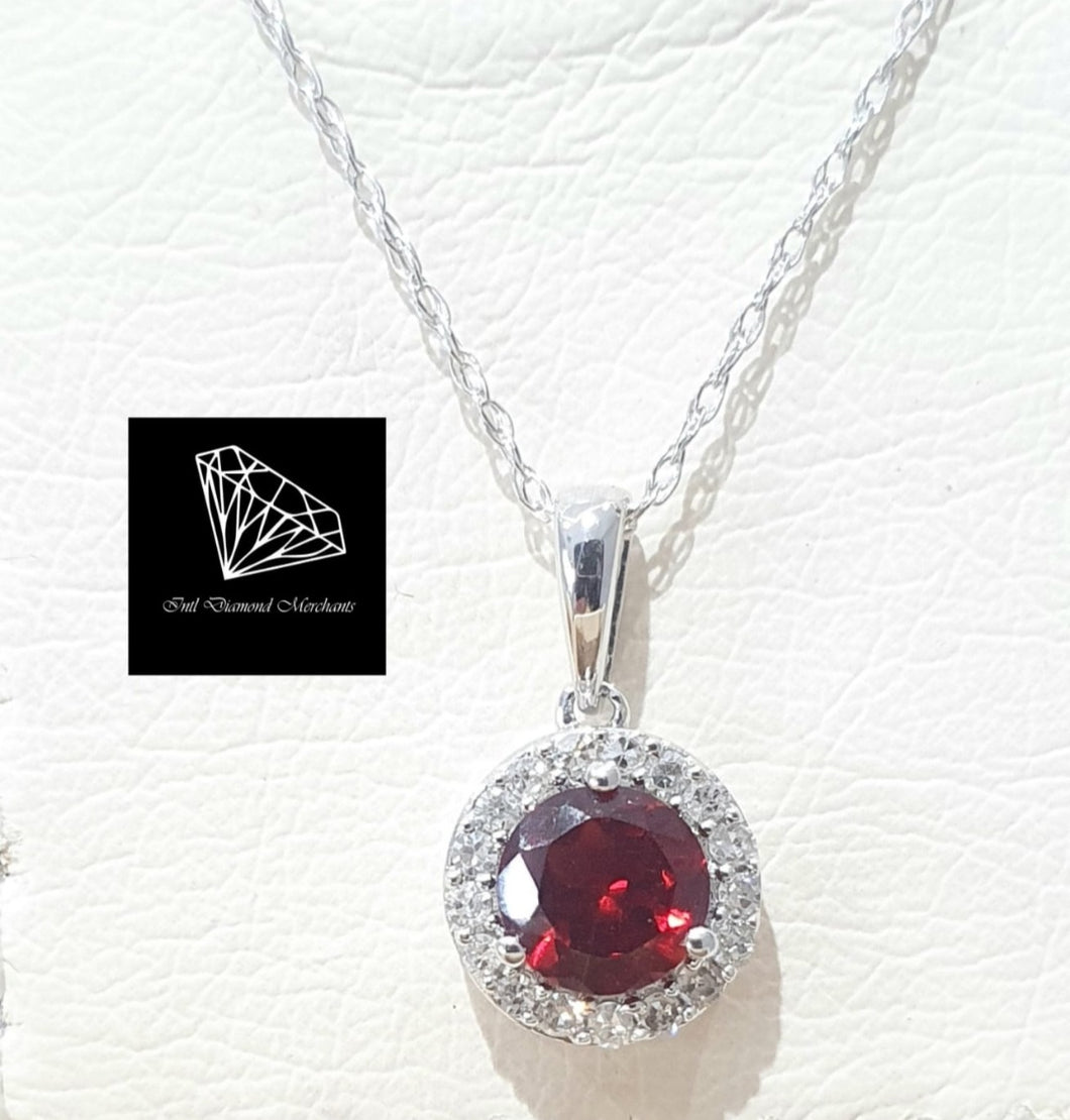 0.50ct Round Cut Garnet | 0.10cts Round Brilliant Cut Diamonds | Halo Pendant with Chain | 14kt White Gold